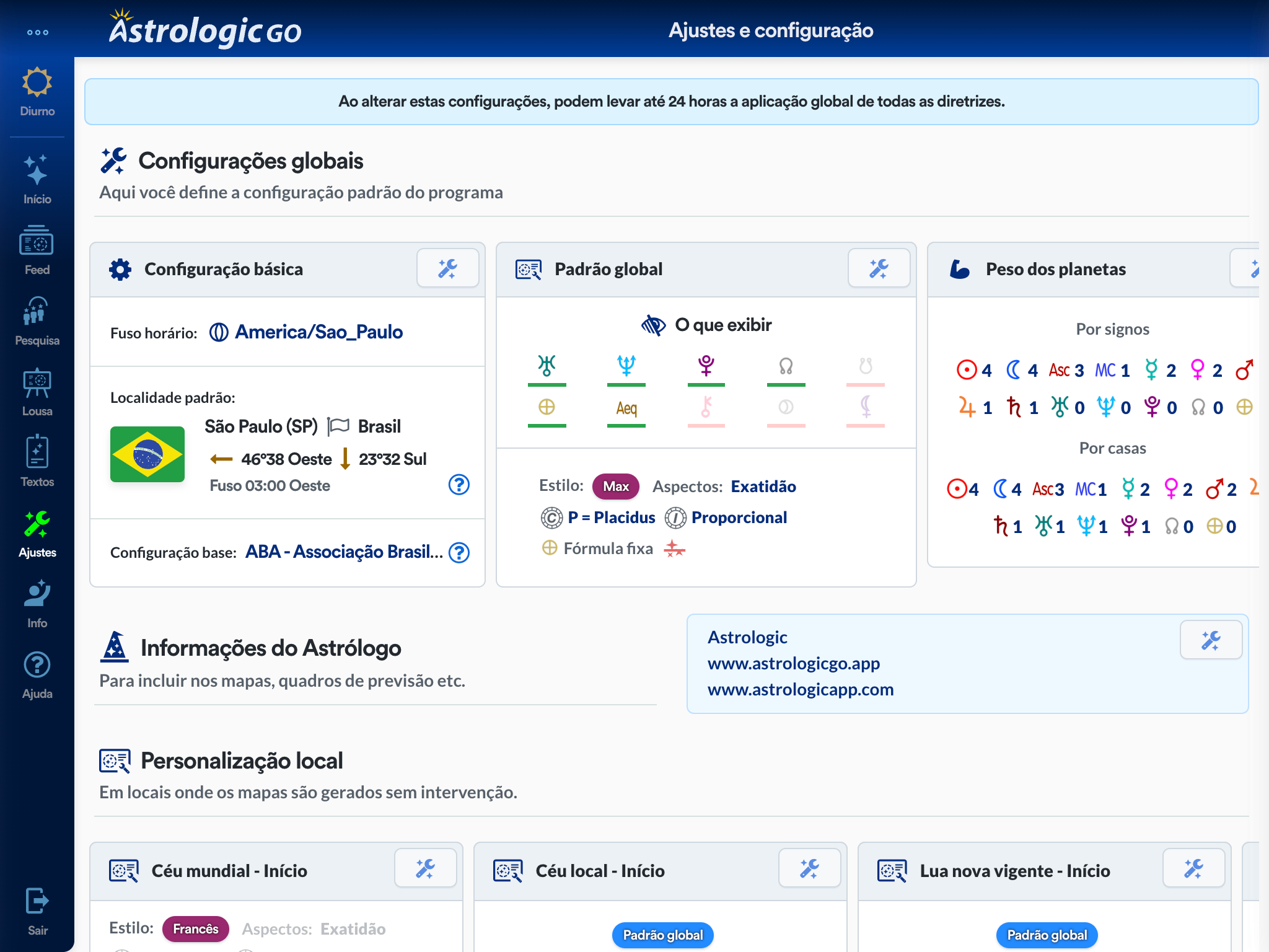 Ajustes e configuração