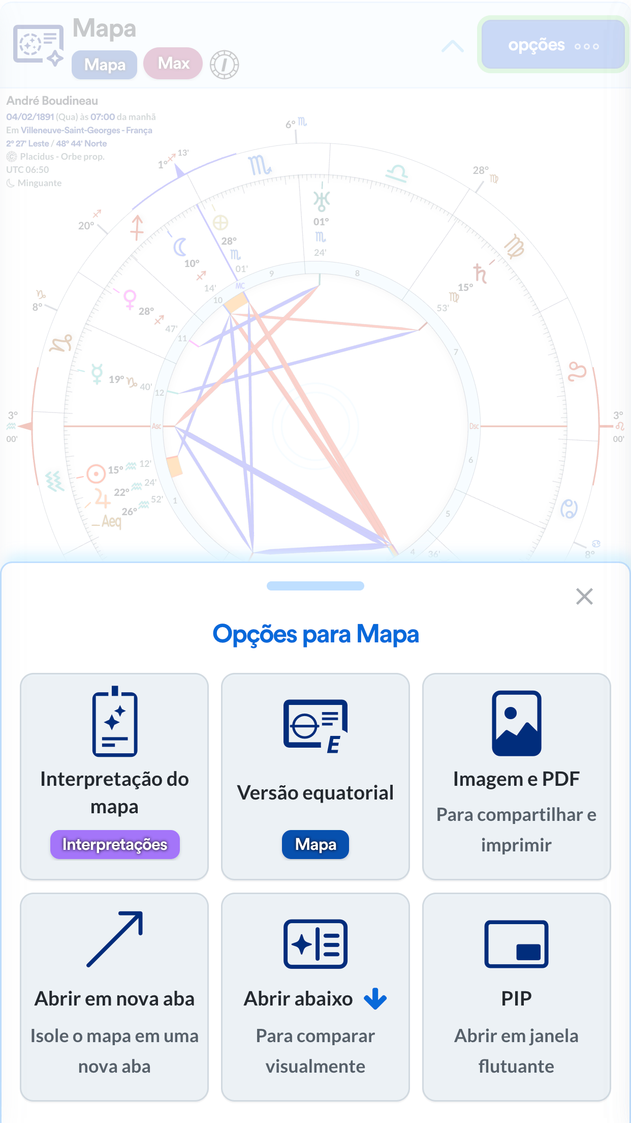 Menus de opções por técnica