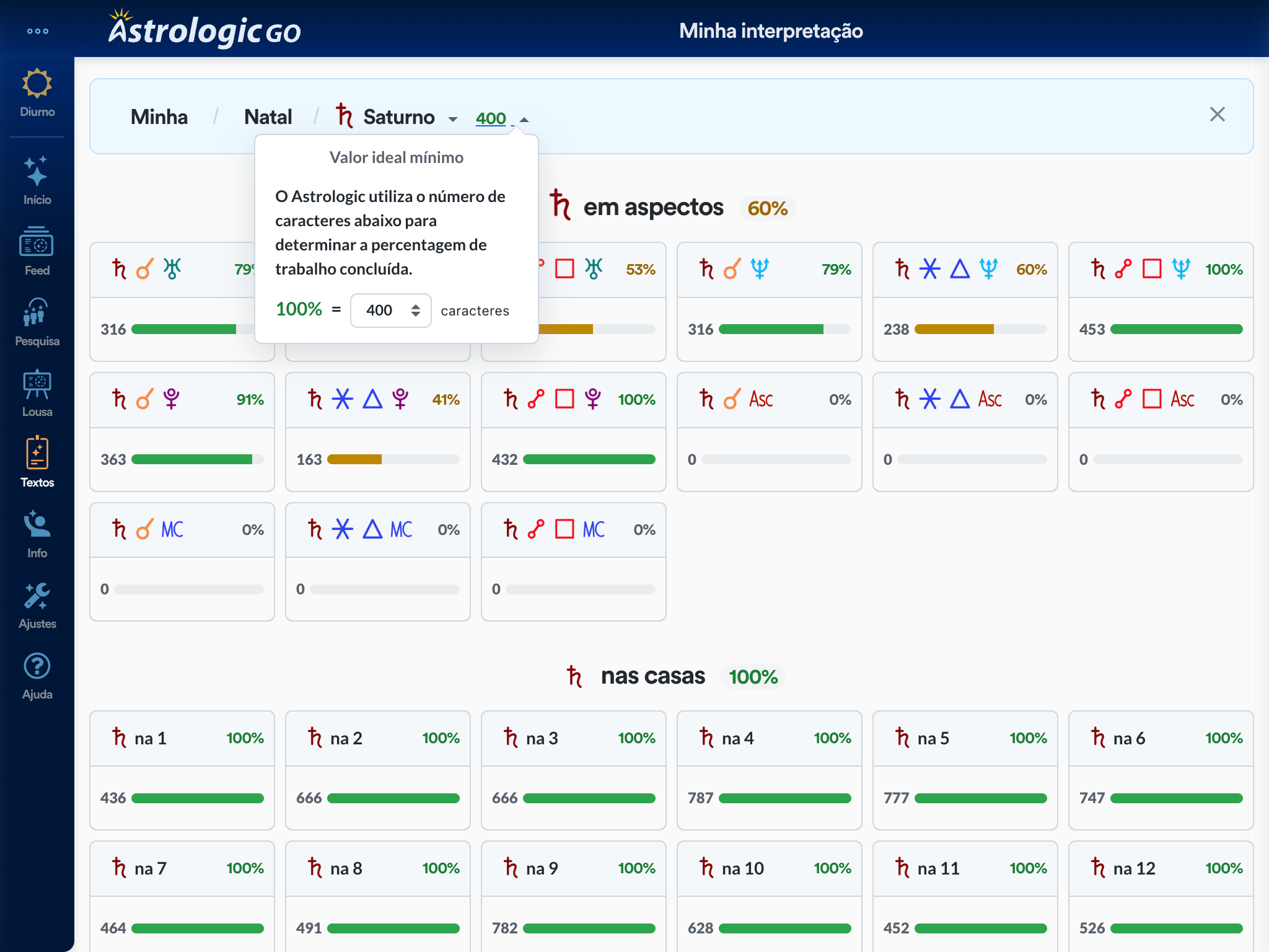 Visualização do status da interpretação por planeta